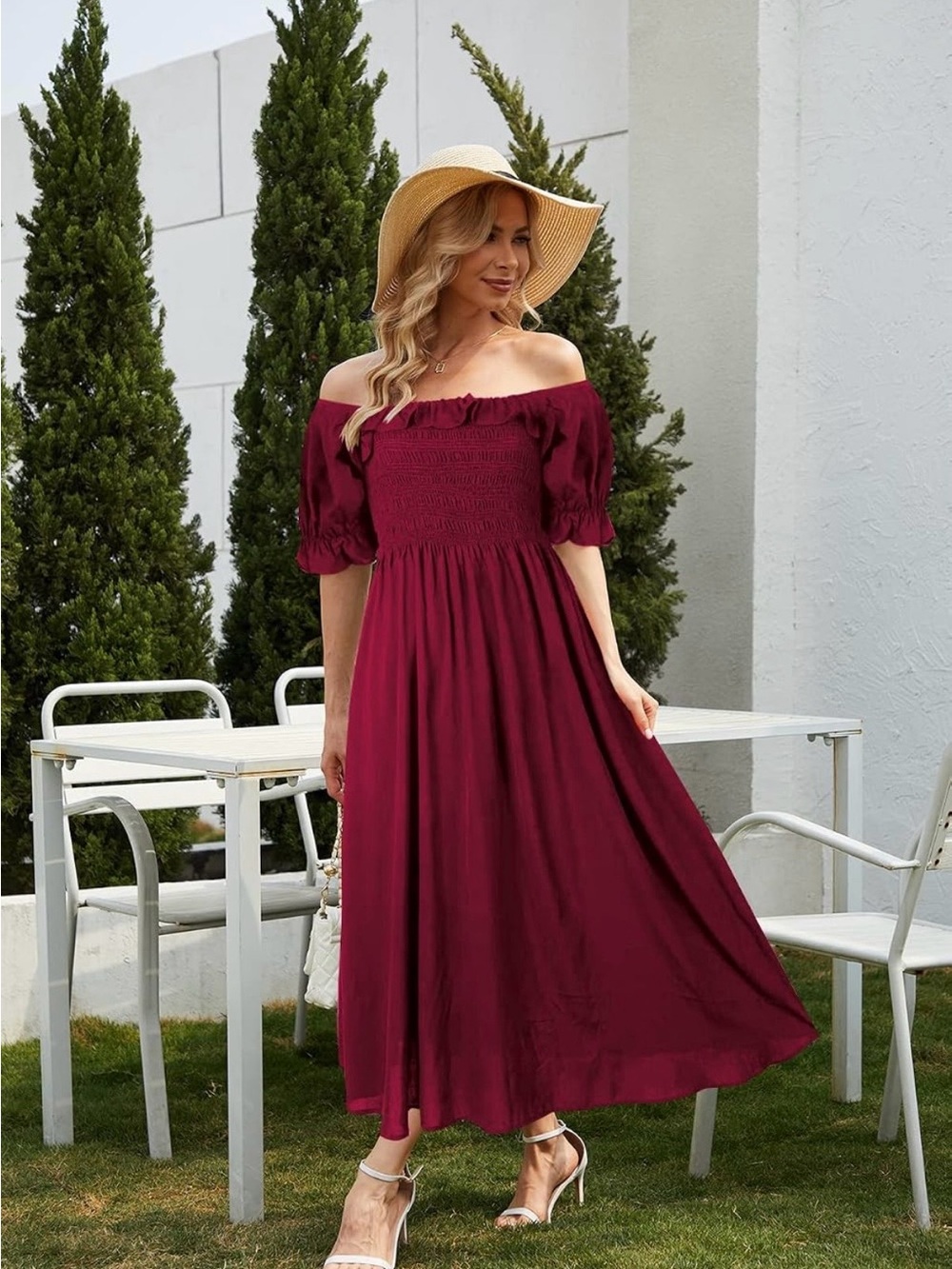 Off-Shoulder Smocked Maxi Dress - Burgundy